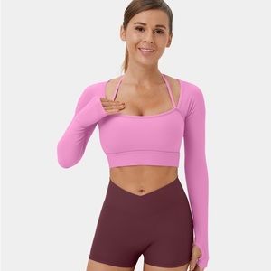 Halara Ribbed Halter Strap Thumb Hole Cropped Yoga Sports Crop Top Pink XL